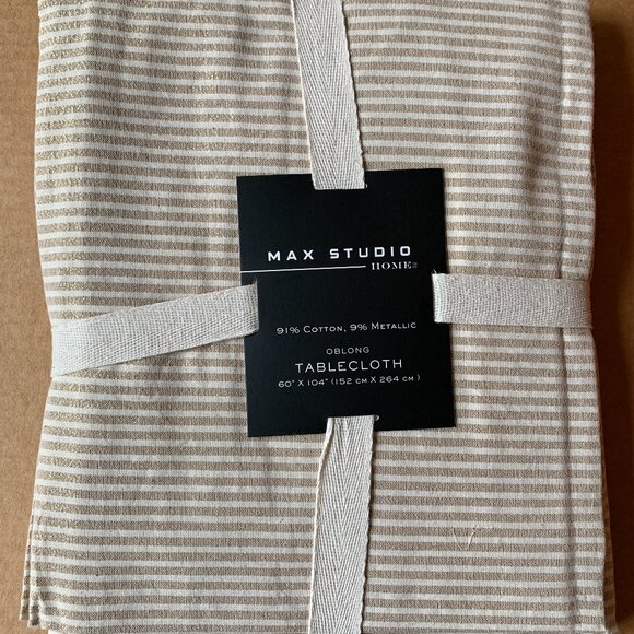 Max Studio Gold Beige Striped Cotton Metallic Tablecloth Christmas 60 x 104" New - Picture 2 of 5